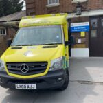 Ambulance parked on forecourt of Bounds Green ambulance station