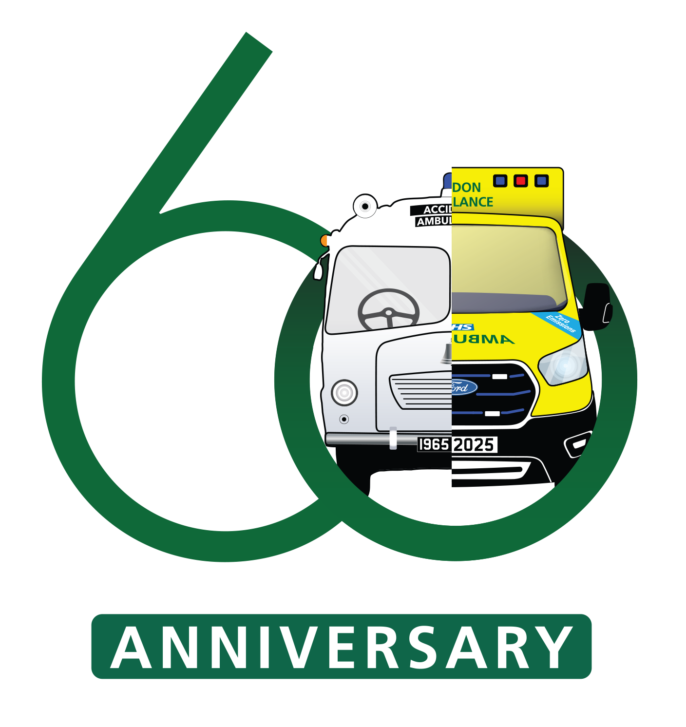A logo celebrating '60 years of London Ambulance Service', with the split graphic of a 1960s ambulance and a 2025 ambulance.