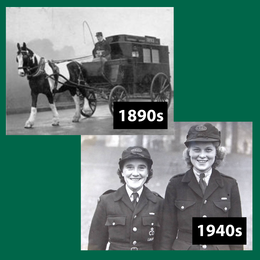 A split image with a photo of a horse-drawn ambulance in the 1890s, and two women auxiliary ambulance workers during World War Two.