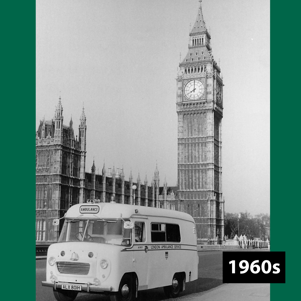A 1960s image of a historic ambulance passing Big Ben.