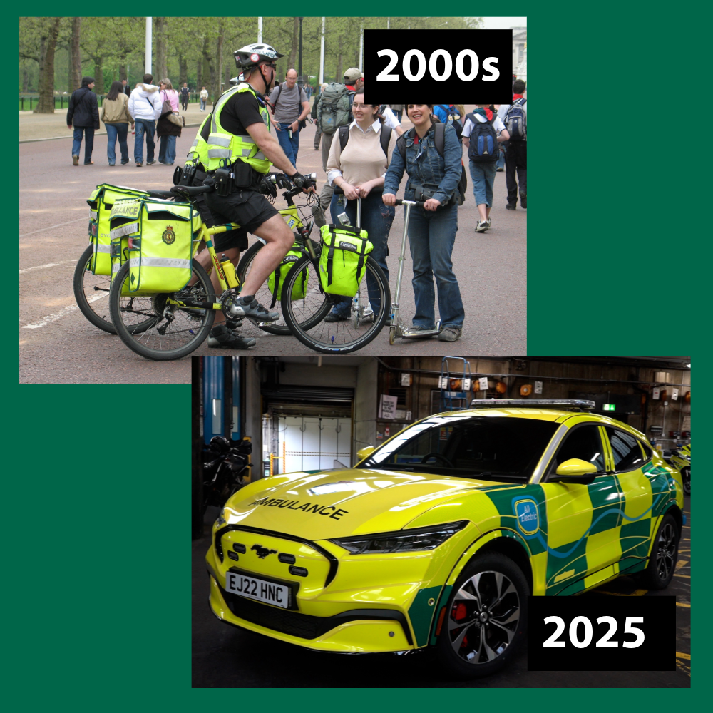 A split image with a photo of the Cycle Reponse Unit in 2003, and a photo of a 2025 fast-response car.