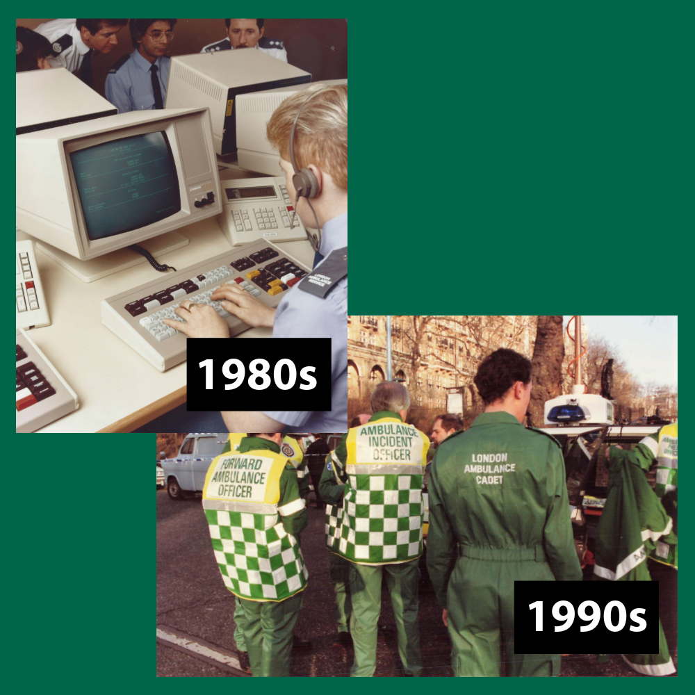 A split image showing a computerised control room in the 1980s and a 1990s incident scene.