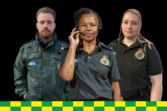 Three London Ambulance staff in a line up, looking serious, including two Paramedics and a call handler.